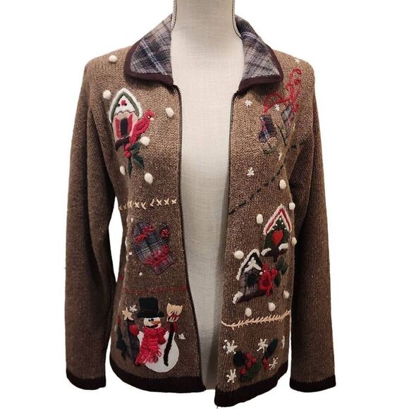Vintage 90s Victoria Jones Women's Brown Zip Front Christmas Cardigan Size PM - Picture 1 of 12